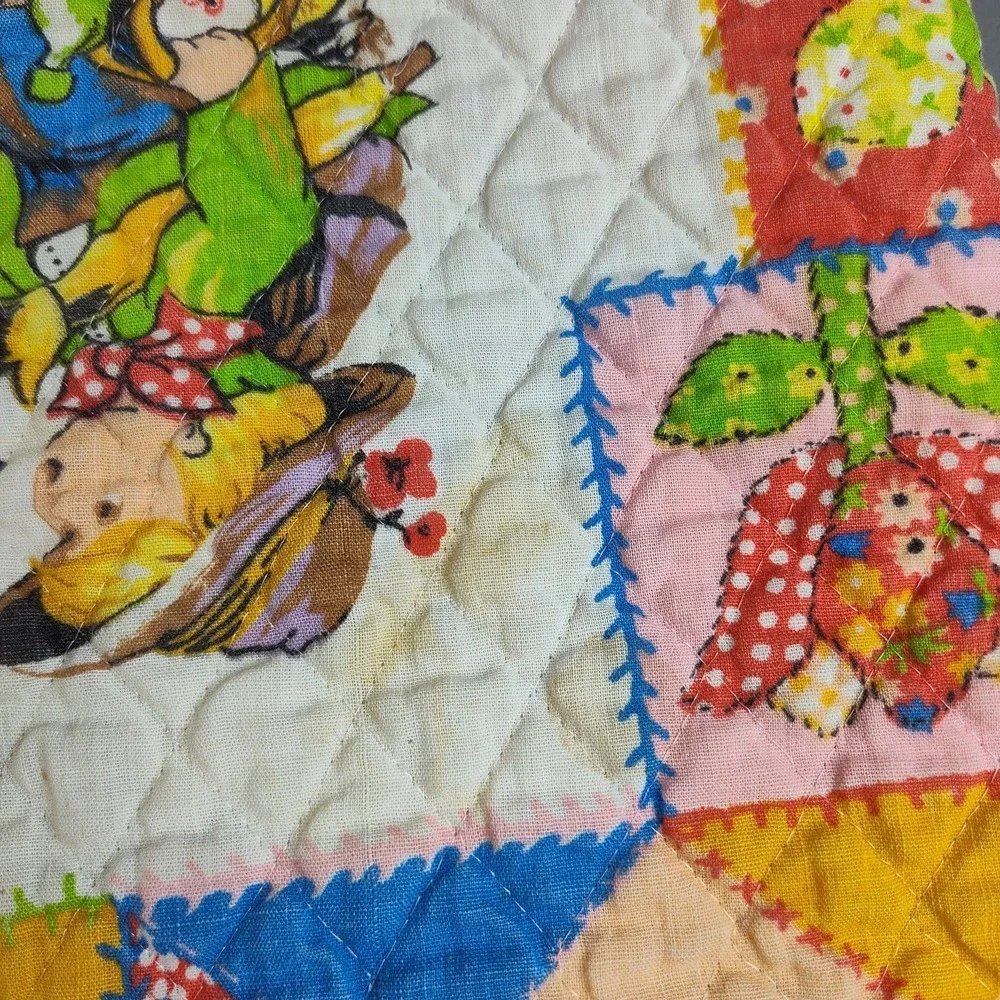 Vintage 1970s Hollie Hobbie Style Patchwork Quilt Blanket Handmade 52x44 Retro